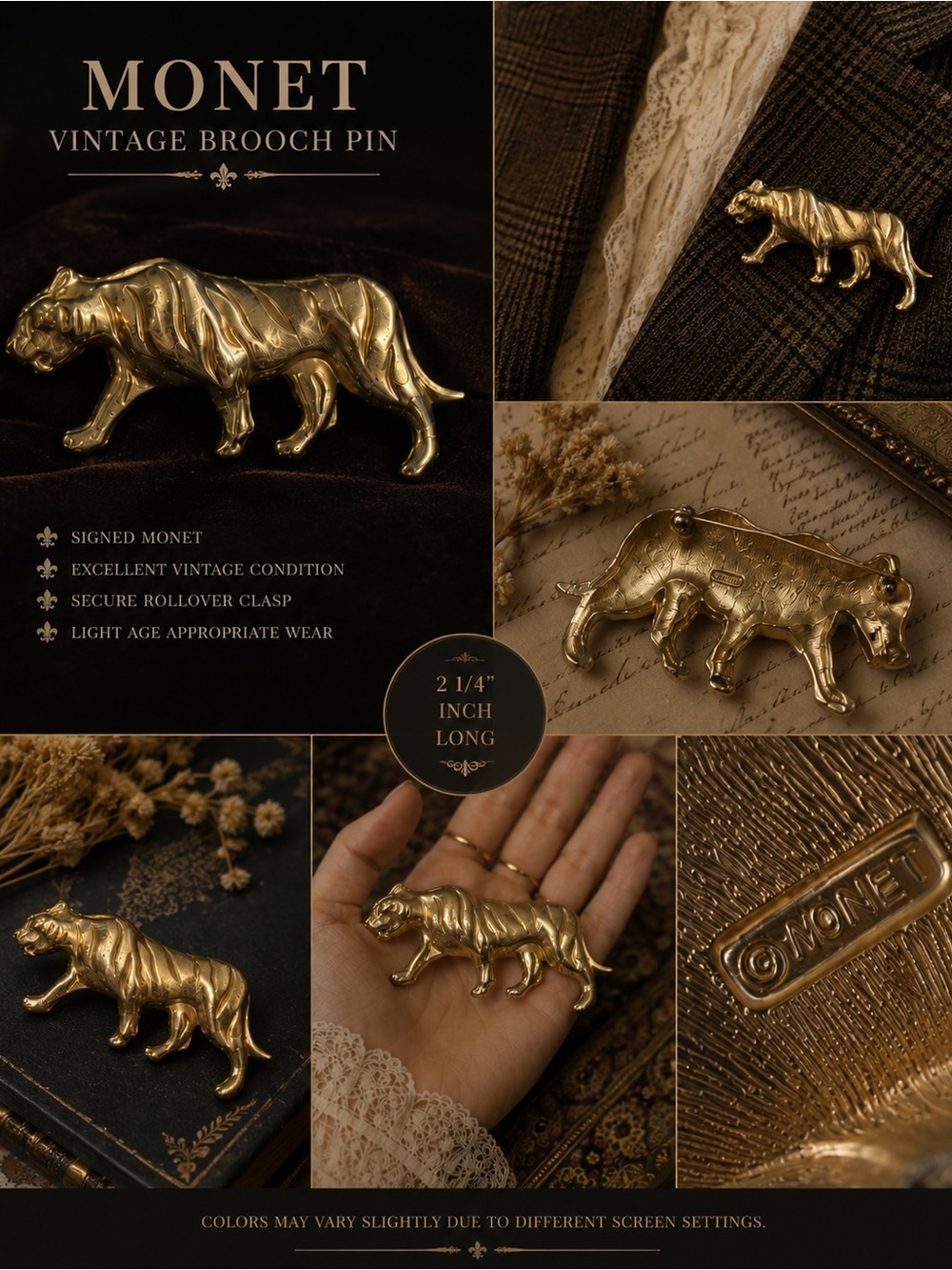 Vintage Monet Gold Tone Tiger Brooch Pin | 2¼”